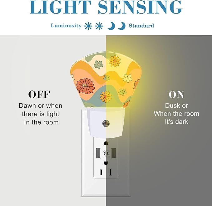 Retro Groovy Floral Night Light, Colorful Wave Nightlight Plug into Wall with Dusk to Dawn Sensor for Kid Girls Boys Women Men Bedroom, Hallway, Kitchen, Bathroom, Stairs Decor