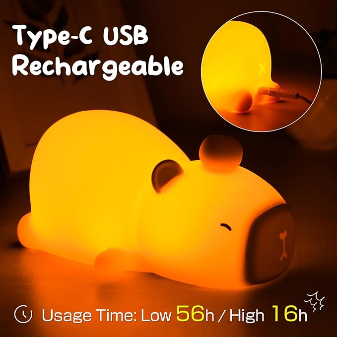 Capybara Night Light Cute Squishy Silicone Nursery Nightlight Dimmable Animal Bedside Lamp with Tap Control Christmas Gift for Kids Girls Boys Women