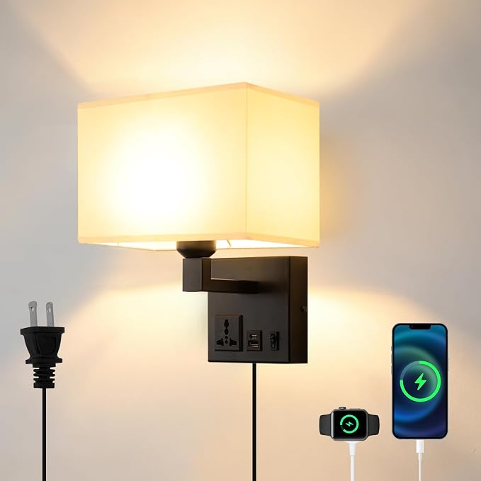 Plug in Wall Sconces, Wall Lamp with Black Base Square lampshade | Wall Lights for Bedroom Bulb Included, Wall Mounted Lamp with 3 Color Temperature, Bedside Lamps with USB Ports and AC Outlet