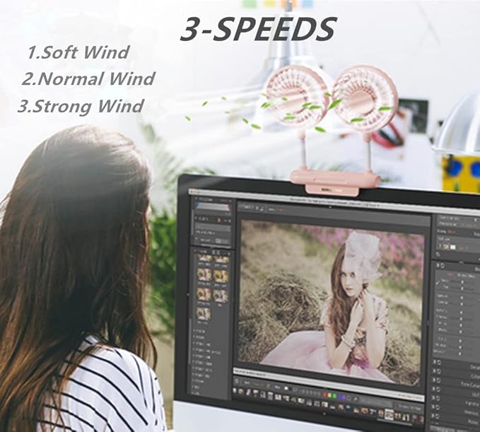Desktop Fan with 2 Rotatable Heads, 3 Speeds, Sturdy Clamp, USB Powered Cooling Fan for Office Desk & Laptop