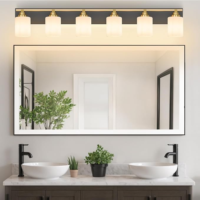 Black and Gold Bathroom Light Fixture, Modern 6 Light Vanity Lights for Bathroom Lighting Fixtures Over Mirror, White Glass Lampshade, Master & Guest bathrooms Bathroom Remodel, 43-inch