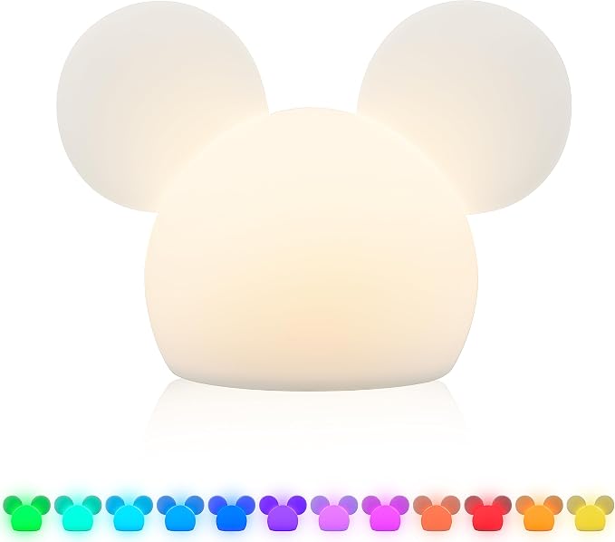 Disney Squish'ems Mickey Mouse Night Light for Kids, Soft Silicone | 13 Color Modes and Dimmable Warm White Light for Kids Room, Nursery, and Bedroom, USB Powered with AAA Battery Option