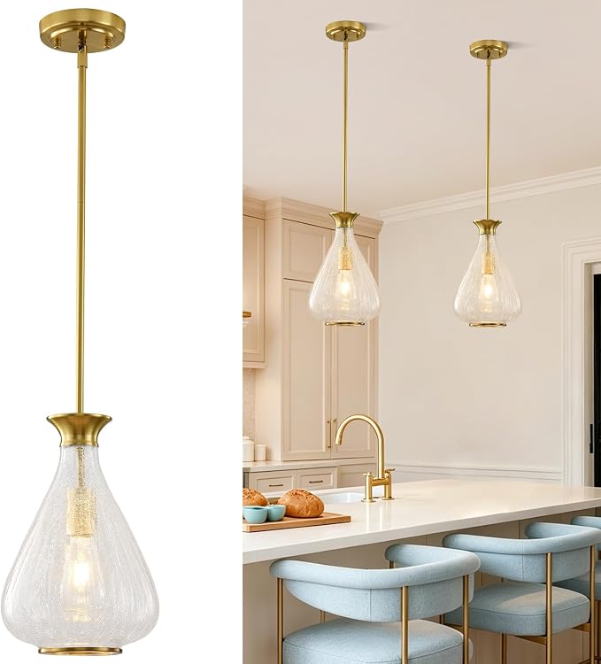 Modern Pendant Lights Kitchen Island, 1 Pack Brushed Gold Pendant Light Fixtures with 8.5" Clear Crack Glass Shade, Industrial Hanging Pendant Lights Fixture for Kitchen Island Dining Room Entryway