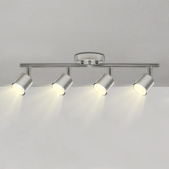 4-Light 26.25'' Track Lighting Kit - 270° Swivel & 90° Tilt Adjustable, Brushed Nickel Ceiling Spot Lights with 4 x 5W GU10 LED Bulbs, for Kitchen, Living Room, Gallery, Shop Display