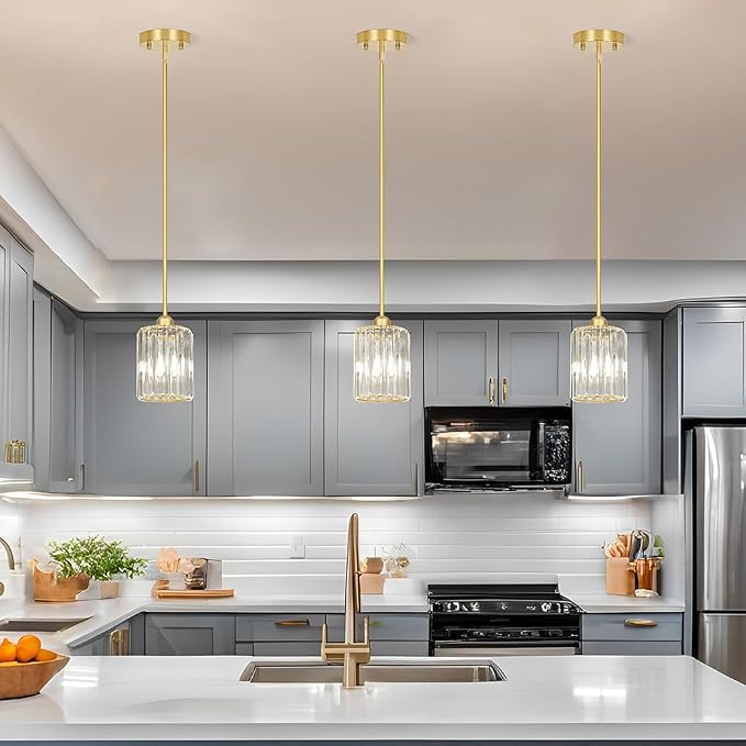 Lxybcce Gold Kitchen Pendant Lights Over Island with Adjustable Rods - Crystal Pendant Lighting Fixtures 3 Pack, Ideal Over Dining Table or Bar, E26 Bulb Compatible, No Electrician Needed