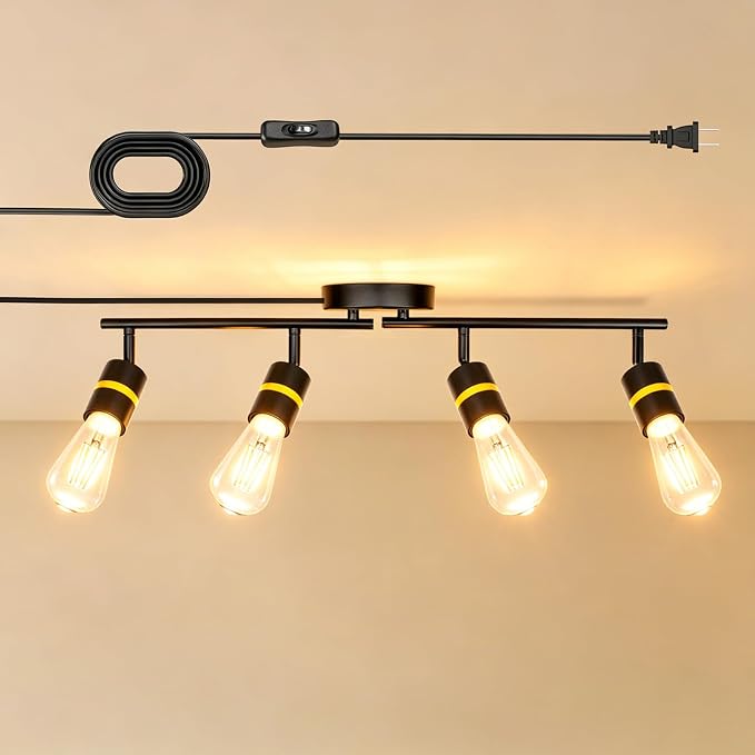 HiBay 4-Light Plug in Track Lighting, Rotatable Spotlight, Black Gold, E26 | Adjustable 4 heads ceiling fixture for kitchen dining room, plug-in cord with on/off switch, no wiring, excl bulb