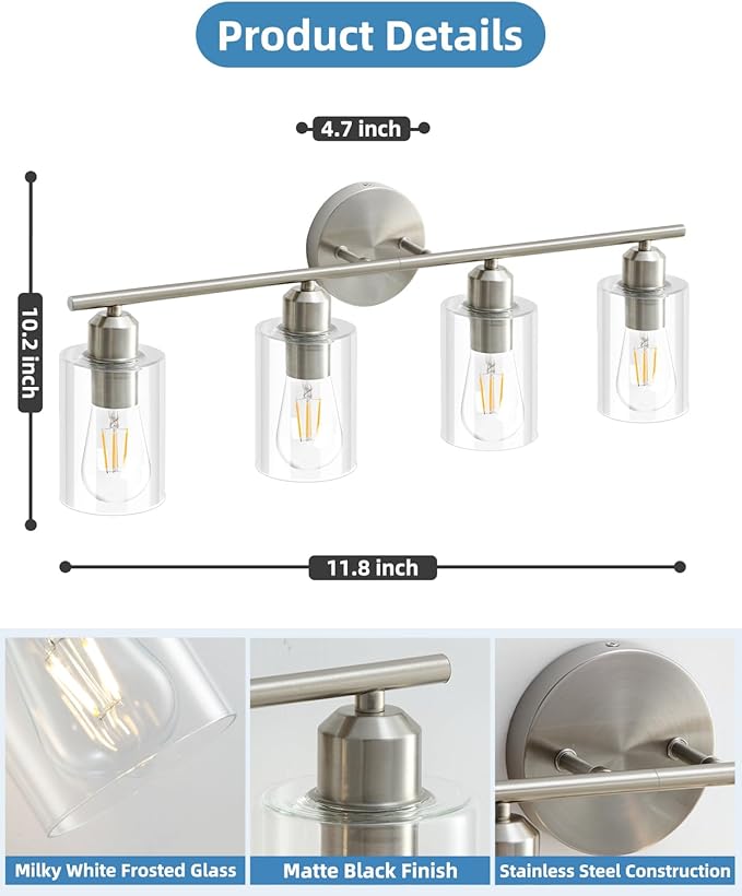 4-Light Bathroom Light Fixtures, Brushed Nickel Vanity Lights for Bathroom