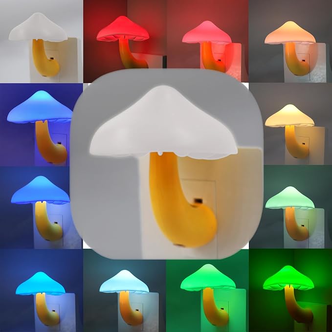 LED Mushroom Night Light Plug in Lamp, Light Sensor Night Lights Plug into Wall, Dusk to Dawn Sensor Night Light for Adults Kids Room Bedroom Bathroom Hallway Kitchen (1, Color Changing)