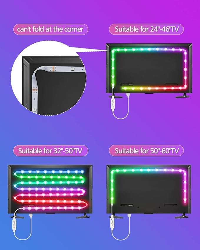 Daymeet LED Lights for TV, 9.8FT RGBICW TV LED Backlight for 32-43 inch TVs, USB Strip Lights Behind TV, Color Changing Sync with Music, Bluetooth App Controlled Led Lights for Bedroom Home Decor