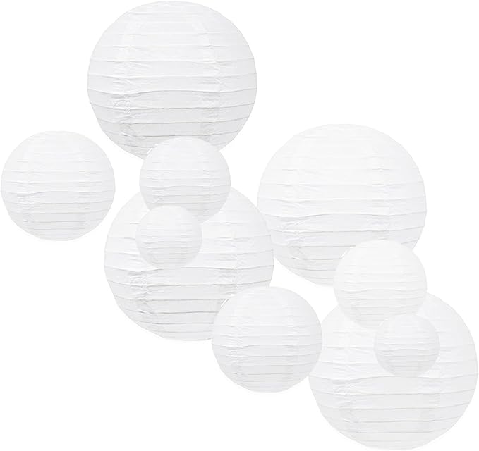 Mudra Crafts White Paper Lanterns Wedding Party Decorations - Mixed 10 Round Hanging Ceiling Lanterns, 10 Pack, Decorative Lamp Shades