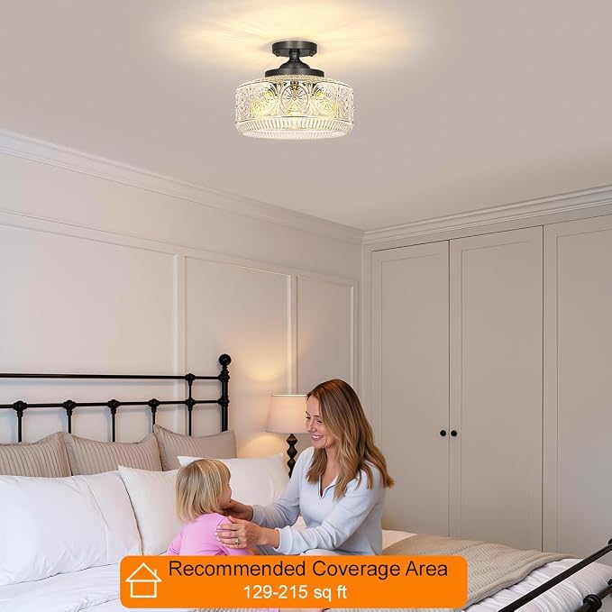 DSMJFU Black Semi Flush Mount Ceiling Light, 3-Light Vintage Ceiling Light Fixture, Hallway Lighting Fixture with Thickened Glass, 12In Kitchen Ceiling Mount Light for Entryway Bedroom Bathroom, E12*3