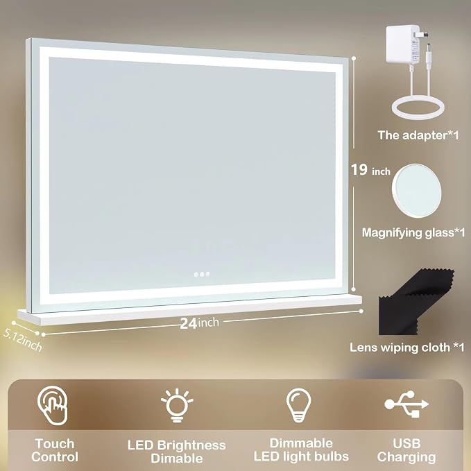 Gvnkvn Makeup Vanity Mirror with USB Charging Port 24" x 19" Large LED Makeup Mirror, Desk Mirorr with Lights, Light up Mirror with 10X Magnification and, Dimmable 3 Modes, Touch Control White