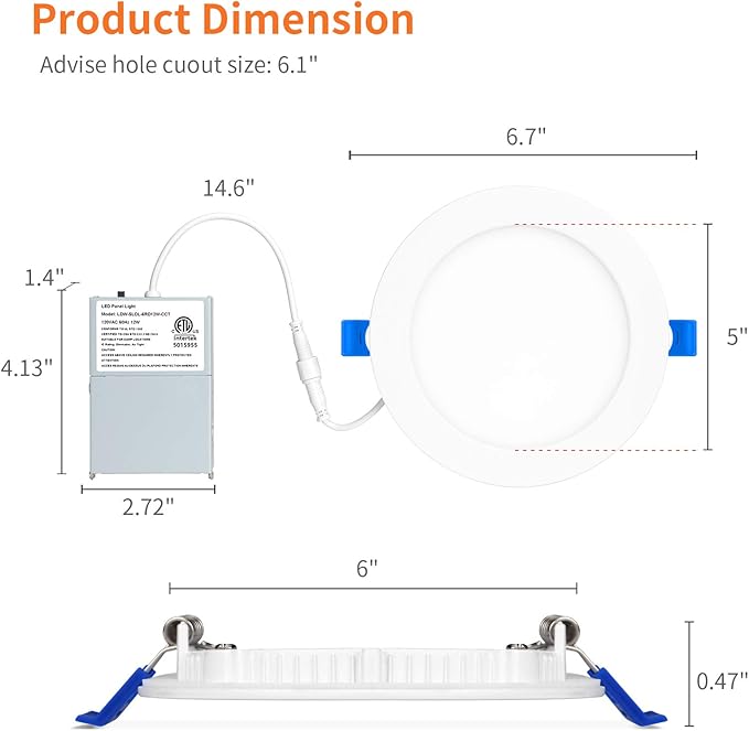 Meconard 6 Pack 6 Inch Ultra-Thin LED Recessed Ceiling Light, 3000K/4000K/5000K Selectable, Dimmable 12W=110W, 1050LM, IC Rated Can-Killer Downlights with Junction Box, ETL and Energy Star Listed