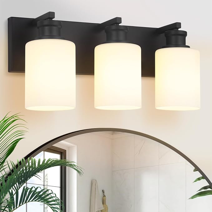 Bathroom Vanity Light, Modern 3 Light Bathroom Light Fixture Over Mirror | Light Fixture Over Sink with White Glass Shade, Black Vanity Lights for Bathroom, E26 Base, 16.5 inch (Bulbs Not Included)