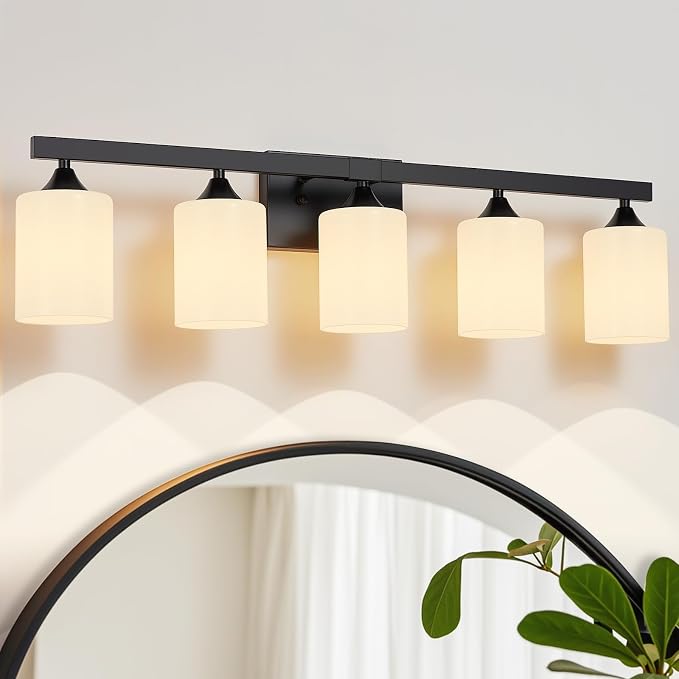 ZHU YAN 5-Light Bathroom Light Fixtures,Black Vanity Light Fixture Over Mirror,Milky White Glass Shades Wall Sconces Modern Bathroom Wall Lamp for Mirror Living Room Bedroom E26 Socket