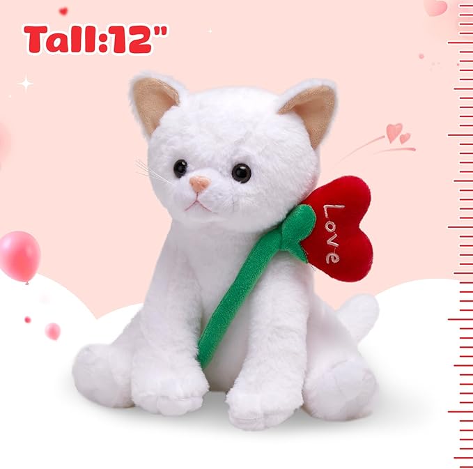 Houwsbaby 12" Valentine’s Day Light Up Cat Plush Toy, Glowing in Dark Kitty Stuffed Animal with Red Heart Flower Design, Romantic Gift for Valentine’s Day, Birthday, or Anniversary