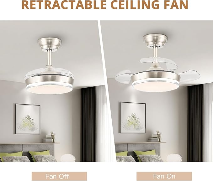 STERREN 30" Retractable Ceiling Fans with Lights, Dimmable LED Ceiling Fan Remote Control, Modern Small Fan Light for Bedroom Living Room Dinning Room Kitchen, 3000K-6500K, 6 Speed (Brushed Nickel)