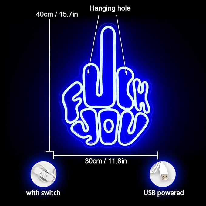 Letters Gesture Neon Signs for Wall Blue LED Neon Lights USB Neon Wall Light Neon Bar Light Up Sign for Bedroom Party Pub Game Zone Decoration
