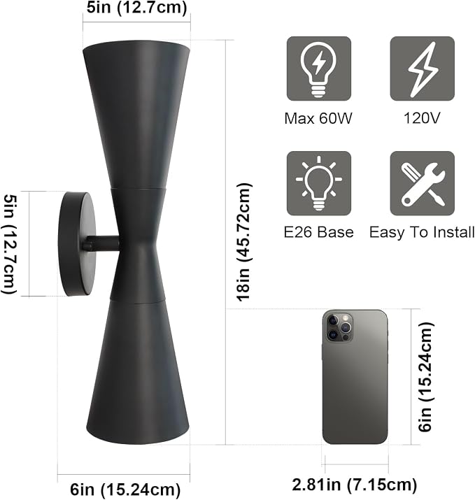 Modern Black Wall Sconces Set of 2, Up and Down Indoor Wall Sconces, Mid Century Indoor Wall Light Fixture, Hardwired Wall Mounted Lamp for Living Room, Bathroom, Bedroom, Hallway, 18 Inch