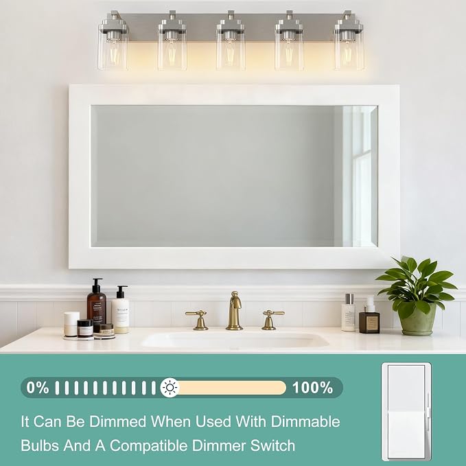 Brushed Nickel Bathroom Light Fixtures, 5 Lights Bathroom Lighting Fixtures Over Mirror, Square Design & Rectangle Large Backplate, Modern Vanity Lighting Fixtures, for Living Room/Bedroom