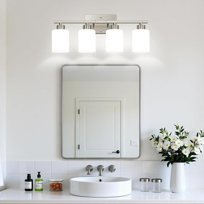 Brushed Nickel Bathroom Light Fixtures with Milk Glass Shades, Eye-Friendly 4 Light Vanity Lights for Bathroom, Vanity Lights with E26 Socket (Bulbs Not Included), for Mirror, Bedroom, Hallway