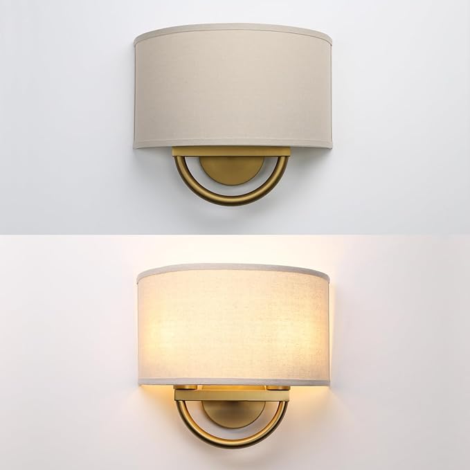 Industrial 2-Lights Wall Sconce Fixtures with Linen Fabric Shade, Double Wall Light Lamps Decor for Hallway Bedroom Living Room Bathroom Stairway