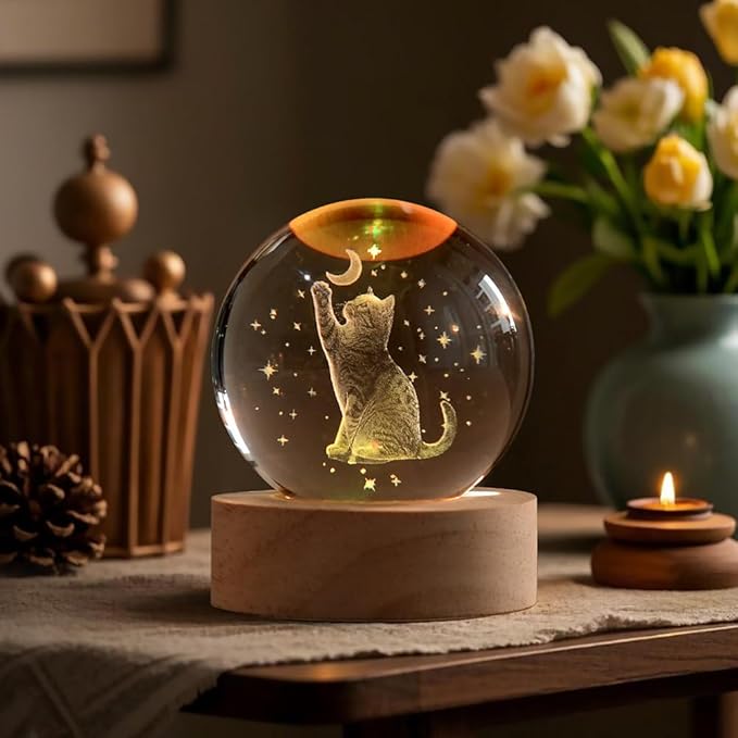 3D Cat Gifts for Women 60mm Crystal Ball Cat Lovers Gift Decor Cat Themed Gifts Lamp Glass Ball for Birthday Mothers Day Christmas Birthday