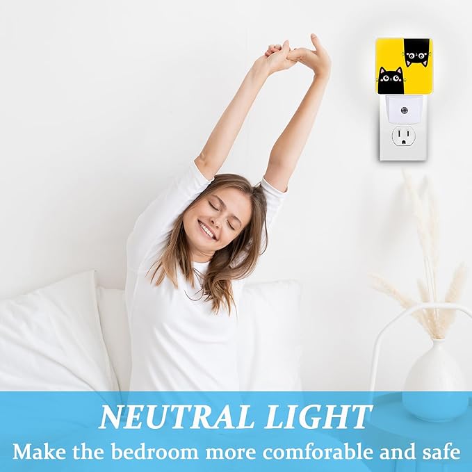 Cute Black Cat Night Light, Plug-into Wall Yellow Nightlight Lamp with Dusk to Dawn Sensor, Led Lamp 0.5W Energy Efficient for Boys Girls Adults Home Decor