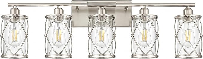 5-Light Brushed Nickel Bathroom Light Fixtures Over Mirror, 38" UL-Listed Modern Wall Sconce Lights with Clear Glass and Metal Cage for Bath, Hardwire E26, CH9176BN-5W