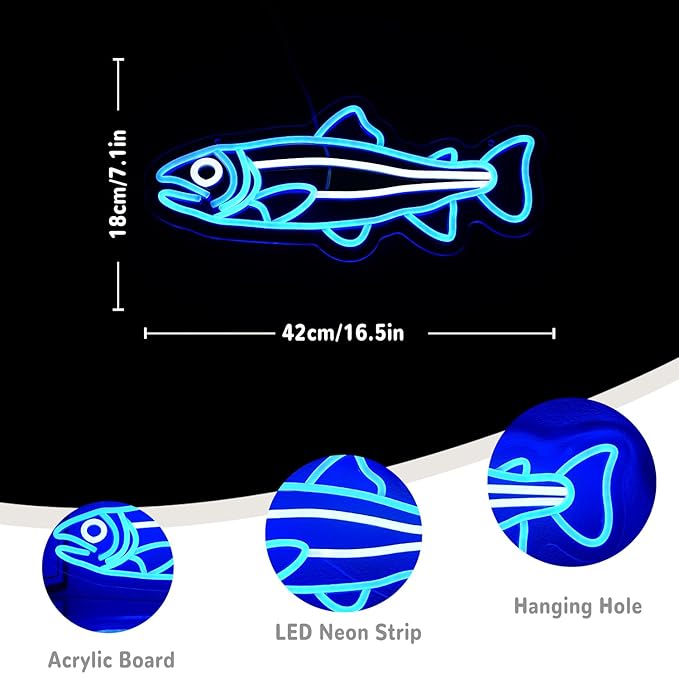 Fish Neon Sign for Wall Decor Fish Decor Salmon Neon Signs Fishing Neon Light Sign Blue Fish Neon Light Up Signs For Bedroom Bar Office Room Kitchen Decoration