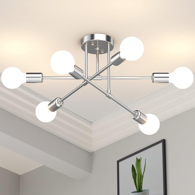 Modern Sputnik Chandelier Ceiling Light Fixtures, 6-Lights 22” Mid Century Industrial Metal Semi Flush Mount for Dining Room, Bedroom, Living Room-Glossy Silver