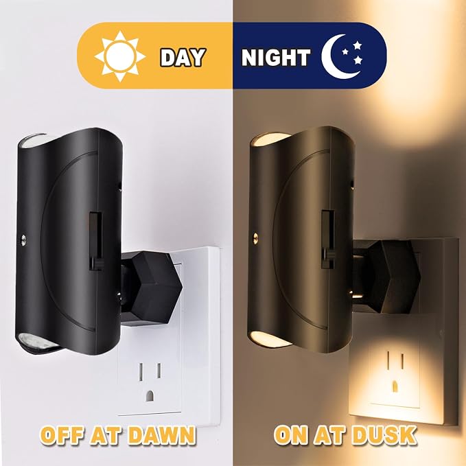 Aora Night Light, Plug-in Wall Mount with Dusk to Dawn Sensor, Set of 2, Black