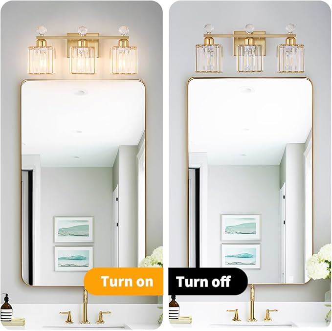 Bathroom Vanity Light Fixture 3-Light - Vanity Lights for Bathroom with Crystal Shade Gold Metal, Easy Install No Drilling Needed, Shadow-Free Illumination for Modern Bathroom Mirror Decor