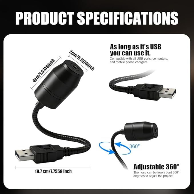 Ultra-High-Definition Car Projection – Star Night Light Projector, USB Starry Sky Lamp with 360° Gooseneck & Dimmer for Bedroom, Ceiling Decor