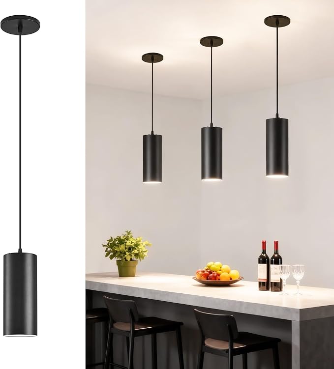3.43" Pendant Lights Kitchen Island, 25W Cylinder Hanging Lights with Dipswitch, Modern Eye Care Led Pendant Lamp fixtures for Bedroom, Living Room, Office (Black, 3.43 Inch 2 Pcs)