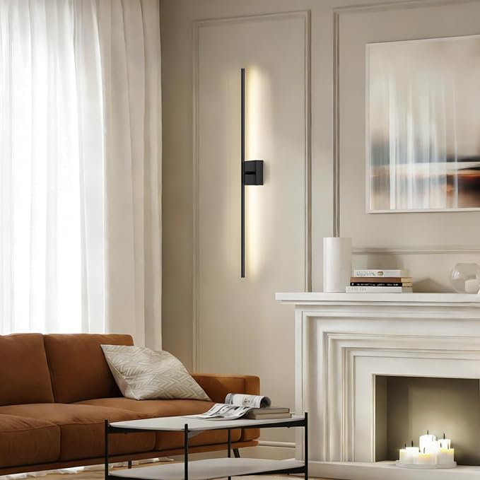 Battery Operated Wall Sconce, 3000K-6000K Dimmable Black Wall Lights with Remote Control, Timable LED Wireless Wall Sconces, 350° Ratate for Bathroom, Living Room, Hallway 39.4 Inch 1 Pack