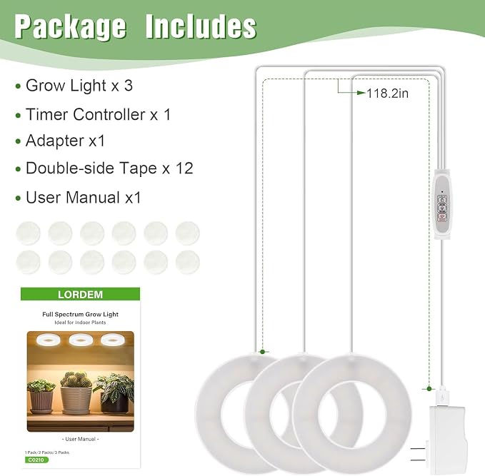 LORDEM Ceiling Grow Light 144 LEDs Full Spectrum for Indoor Plants, Tri-Head Design with Auto Timer (4/8/12H) & 4 Dimmable Levels, Corded Hanging Lamp for Small Plants