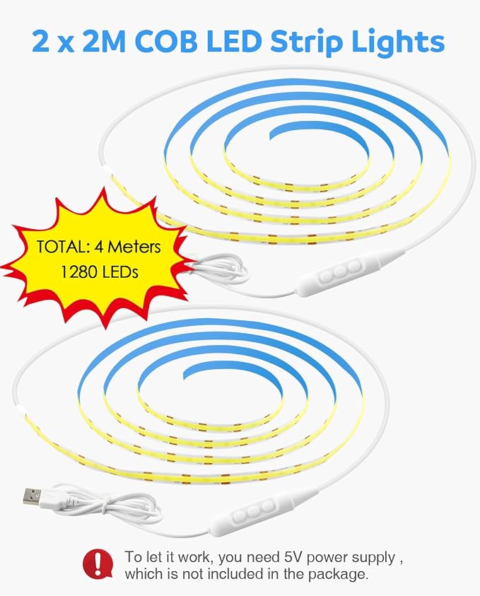 Aclorol 6FT USB LED Strip Lights for Bedroom 2 Pack Cold White 6000K | Dimmable Brightness, 5V COB LED Strip with Self-Adhesive, Flexible for Bedroom Kitchen Cabinet Mirror Staircase DIY Lighting