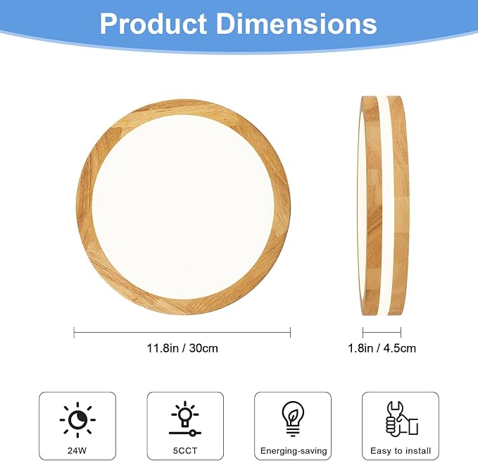 Pevfah Modern Dimmable LED Wood Flush Mount Ceiling Light, 5CCT Round Close to Ceiling Lighting Fixtures, Minimalist Ceiling Lamp for Bedroom, Kitchen, Hallway, Laundry Room-11.81in