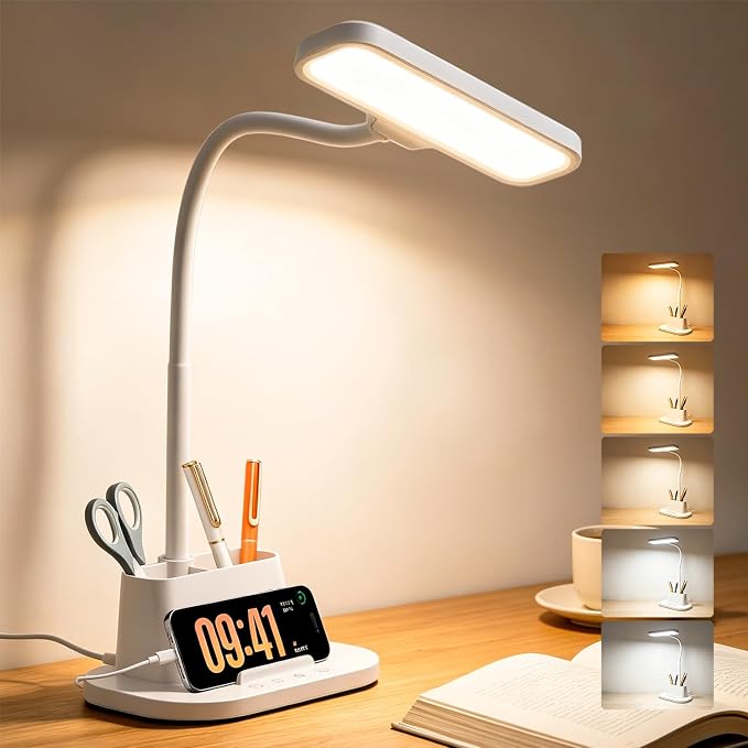 LED Desk Lamp for Dorm Small Desk Lamp with Pen Holder 5 Color Modes White | Dimmable Touch Control, USB Charging Port, Eye-Caring Reading Light for Home Office Table Study College Room Students