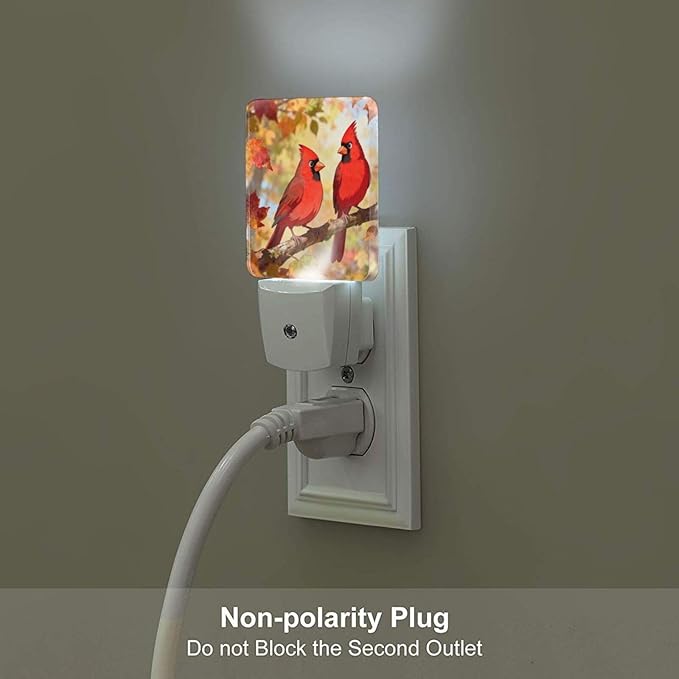 Fall Maple Night Light Set of 2, Red Birds Auto Sensor LED Dusk-to-Dawn Nightlights, Plug-in Sensor Lamp for Bedroom Bathroom Kitchen Hallway Stairs Decorative