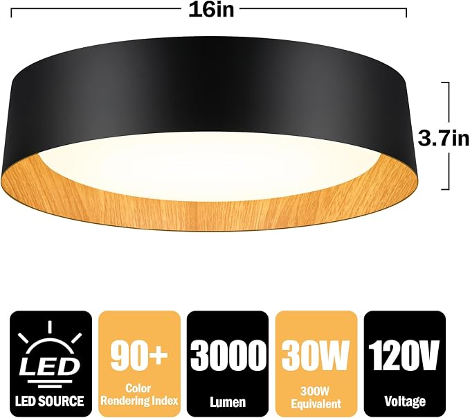 Flush Mount Ceiling Light, 16in Modern Ceiling Light 5 Color Temperature | 30W Bathroom Ceiling Light Fixture, 3000LM Dimmable LED Flush Mount Light for Bedroom, Hallway, Kitchen, Black & Wood, 2-Pack