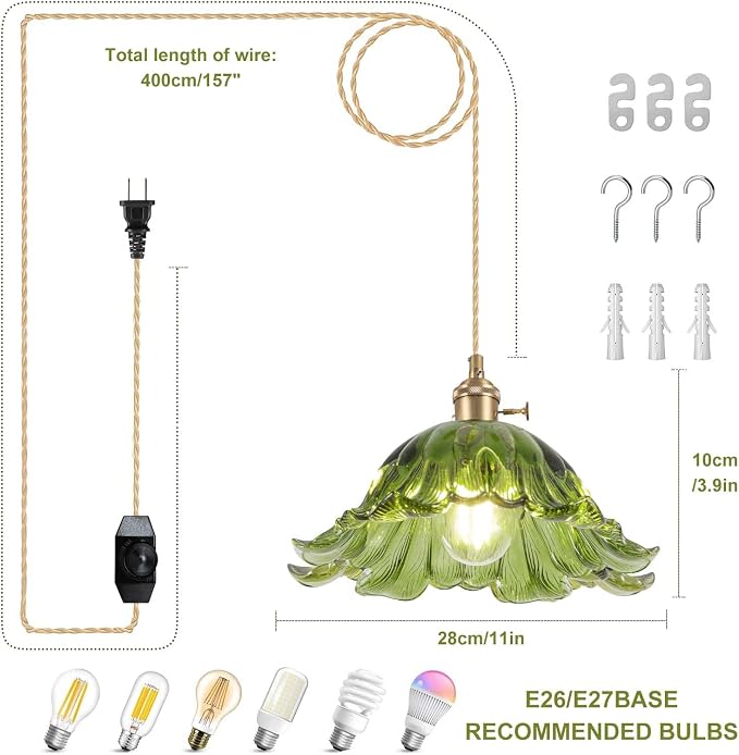 Plug in Pendant Light Fixtures,Hanging Light Fixture Corded On/Off Switch,11 inch E26 Green Glass Lampshade Pendant Lighting for Kitchen Island, Bedroom, Dining Room