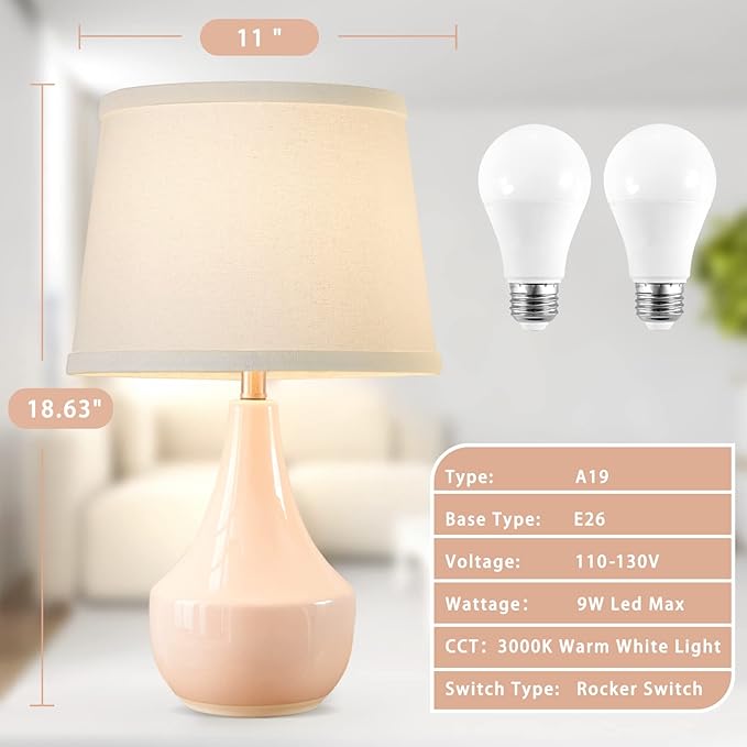 GyroVu 18" Table Lamp Set of 2, Ceramic Lamp Classic Beside Lamps Nightstand Lamp Modern Bedside Lamp for Living Room, Bedroom & Office Rocker Swtich Pink-LED Bulbs Included