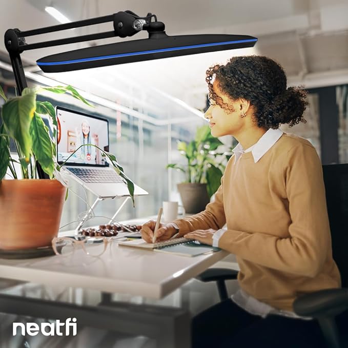 Neatfi XL 2,200 Lumens 20W LED Task Lamp – 23” Ultra-Wide Head | 182 SMD LEDs | 4 Brightness Levels | 3 Light Modes | Eye-Caring, Glare-Free | Adjustable Arm (CCT with Clamp, Black)
