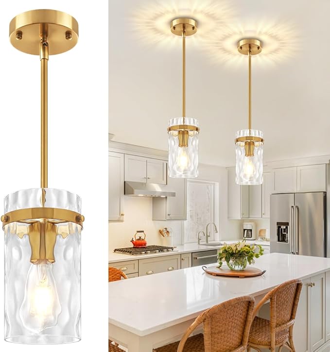 2 Pack Brushed Gold Pendant Lights Kitchen Island, Hammered Glass Kitchen Pendant Lighting Over Island Hanging Hallway Light Fixtures Adjustable Modern Pendan Light for Bathroom Entryway Dining Room