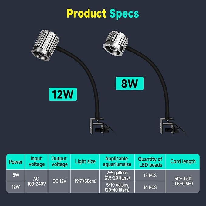 fishkeeper Clip On 24/7 Saltwater Aquarium LED Light, 12W Reef Lights for Coral DIY Color/Brightness Fish Tank Light with Timer for Coral Marine Tank Memory Function