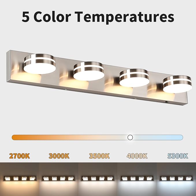 Brushed Nickel Vanity Lights for Bathroom 4-Light 5CCT Dimmable | 30in 24W LED Bath Lighting Fixture, Modern Wall Mounted Lighting Fixture for Dressing Room Cabinet