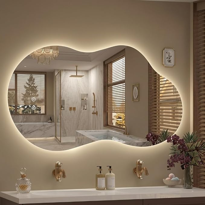 Irregular LED Mirror with Lights 40x24 Inch Backlit Asymmetrical Bathroom Mirrors for Wall Cloud Lighted Vanity Mirrors Shatterproof, Anti-Fog, Dimmable, 3 Colors (Horizontal/Vertical)