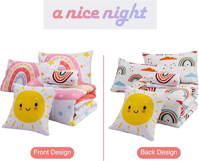 A Nice Night Lightweight Soft Cartoon Rainbow 6Pcs Queen Comforter Sets, Love Hearts Printed Bedding Set for Boys Girls(White,Queen)